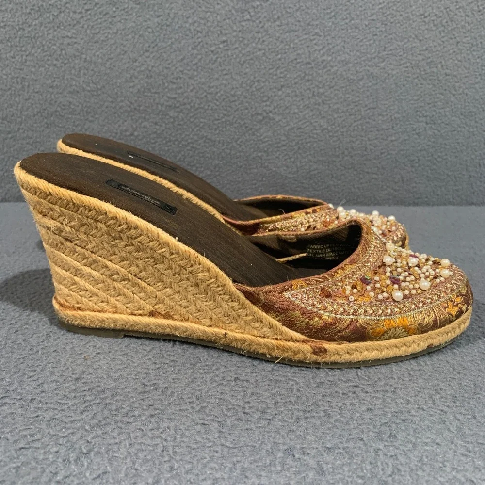 Y2K Fairy Espadrille Wedge Mules Women 8.5 Beaded Brocade Boho Artisan Sandals